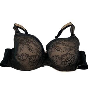 Cacique Lightly Lined Balconette Bra Size 44D Black Underwire Black Lace Overlay